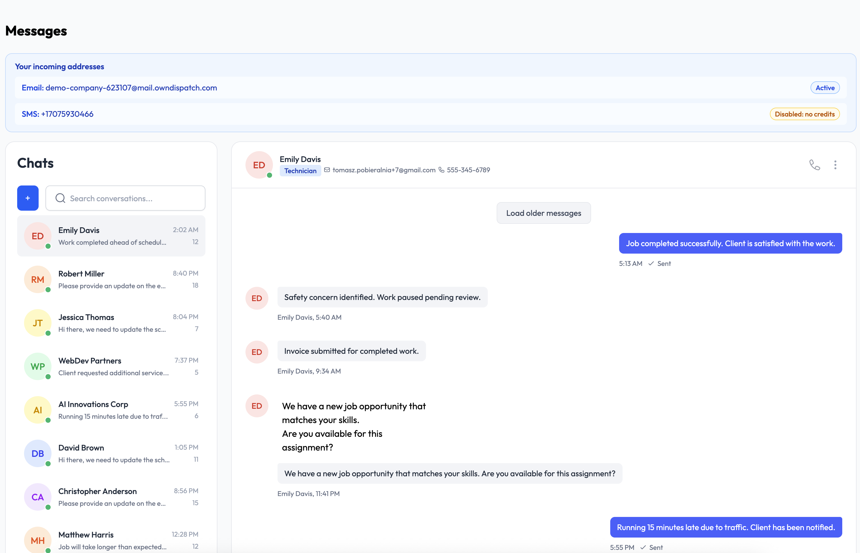 kJobDone conversation view with office-to-field communication tools.